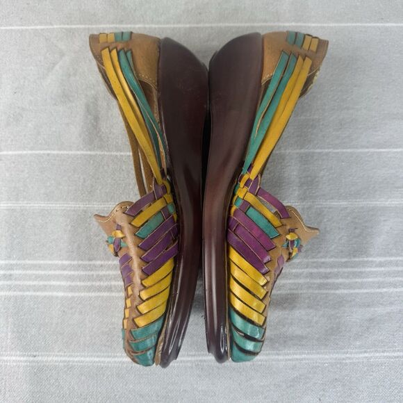 Fernanda Roy’s Leather Huaraches Mexican Woven Sandals Wedge Heel Tan Multi 10 - Picture 8 of 11